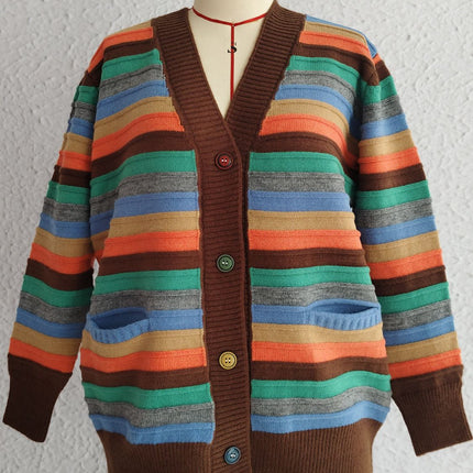 Contrast Stripes Button Up Long Sleeve Cardigan