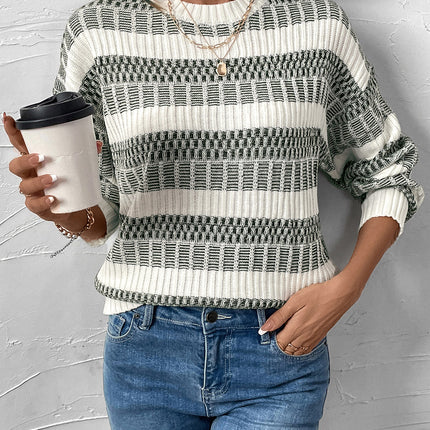 Perfee Contrast Round Neck Long Sleeve Sweater