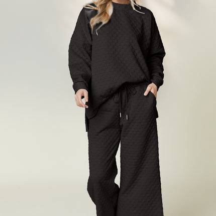 Double Take Checkered Slit High-Low Round Neck Top and Wide Leg Pants Set - Vickie Lynn's