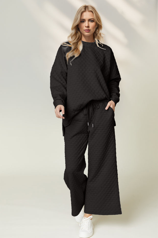 Double Take Checkered Slit High-Low Round Neck Top and Wide Leg Pants Set - Vickie Lynn's