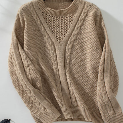 Openwork Cable-Knit Round Neck Long Sleeve Sweater