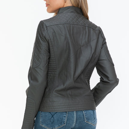 Snobbish Faux Leather Zip Up Mock Neck Jacket