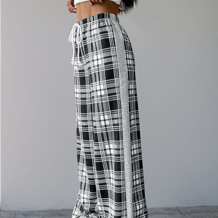 Perfee Drawstring Plaid Wide Leg Pants