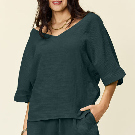 Double Take Texture Half Sleeve T-Shirt and Drawstring Shorts Set - Vickie Lynn's