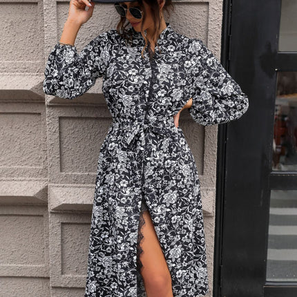 Lace Detail Printed Long Sleeve Midi Dress