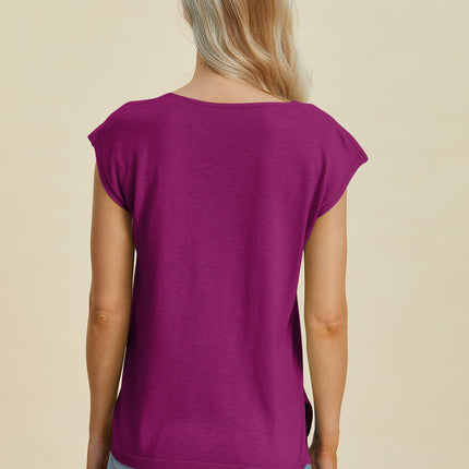 Double Take Full Size Notched Cap Sleeve Knit Top