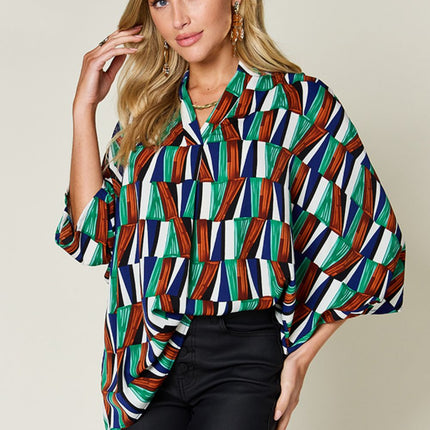 Double Take Full Size Geometric Notched Raglan Sleeve Blouse