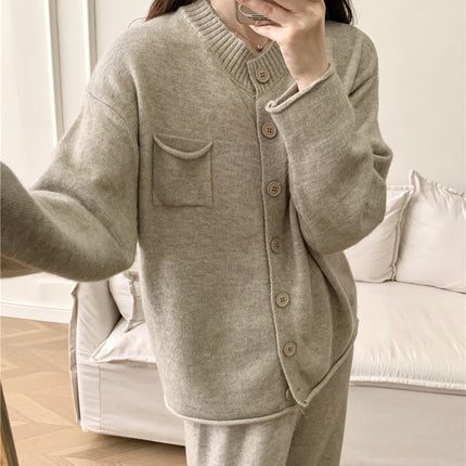 Pocketed Round Neck Button Up Cardigan and Pants Sweater Set