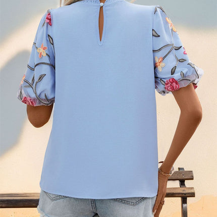 Embroidered Mock Neck Puff Sleeve Blouse