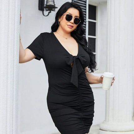 Plus Size Ruched Tied Short Sleeve Mini Dress