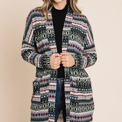 BOMBOM Geometric Open Front Long Sleeve Cardigan with Pockets