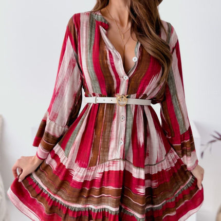 Buttoned Striped Long Sleeve Mini Dress