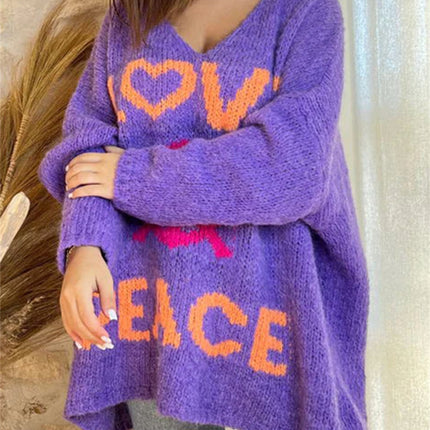 Peace Graphic V-Neck Long Sleeve Sweater