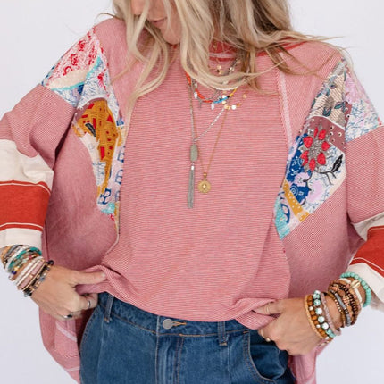 Striped Floral Patchwork Round Neck Top