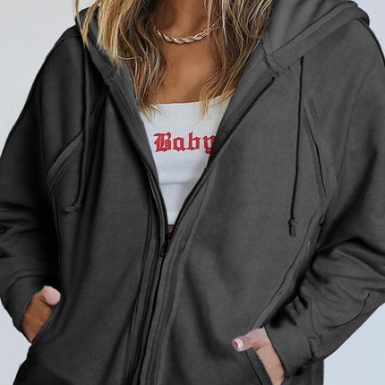 Exposed Seam Zip Up Long Sleeve Drawstring Hoodie