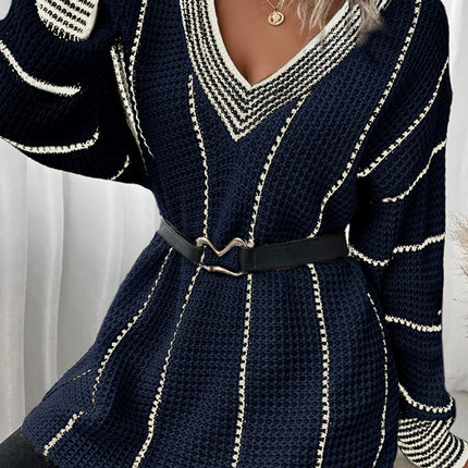 Striped V-Neck Dropped Shoulder Sweater