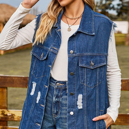 Sleeveless Button-Up Collared Denim Top with Pockets