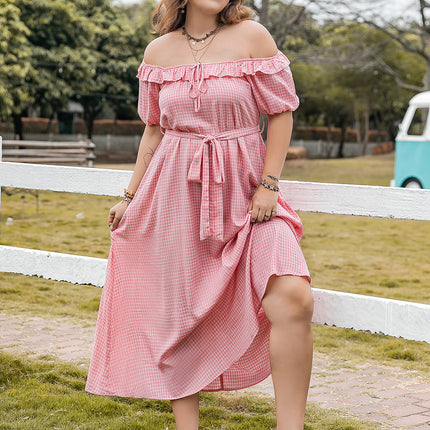 Plus Size Plaid Off-Shoulder Short Sleeve Midi Dress