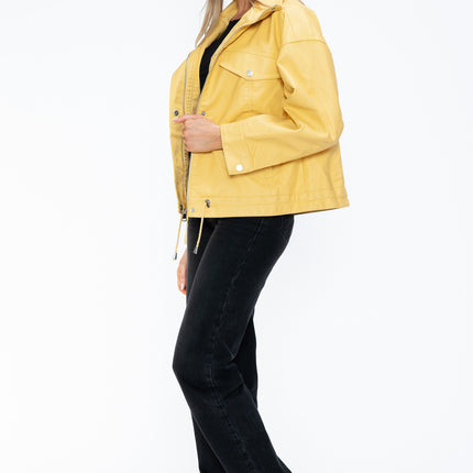 How Dare U Drawstring Hem PU Leather Zip Up Jacket