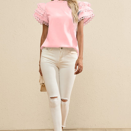 Ruffled Eyelet Round Neck Cap Sleeve Blouse