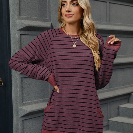 Pocketed Striped Round Neck Long Sleeve T-Shirt