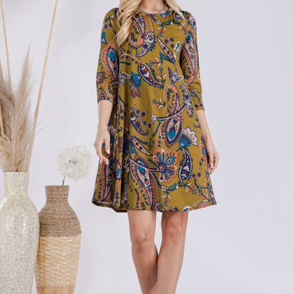 Celeste Full Size Paisley Print Round Neck Dress with Pockets