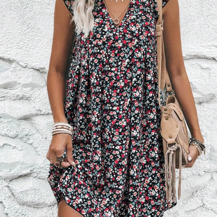 Printed V-Neck Cap Sleeve Mini Dress