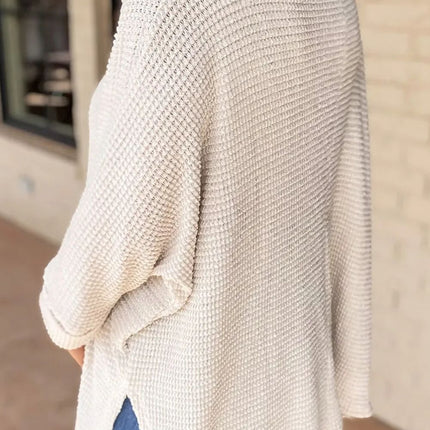 Waffle-Knit Slit V-Neck Long Sleeve Blouse