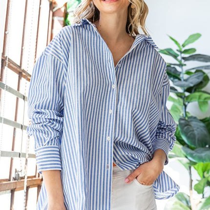 First Love Striped Button Down High-Low Hem Shirt