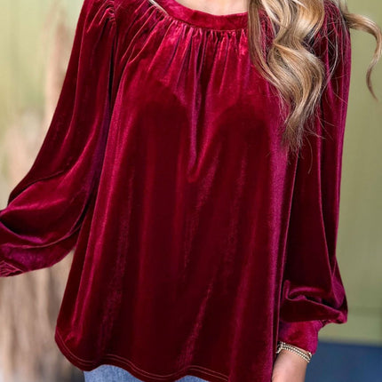 Ruched Round Neck Long Sleeve Blouse