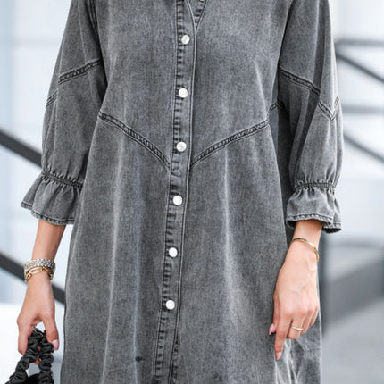 Distressed Collared Neck Flounce Sleeve Denim Dress