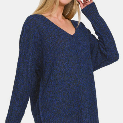 Zenana High-Low Center Seam V-Neck Sweater