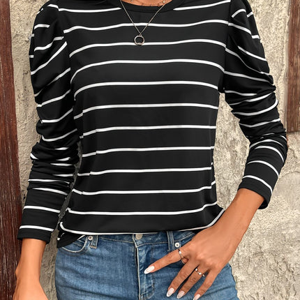 Full Size Striped Round Neck Puff Sleeve T-Shirt