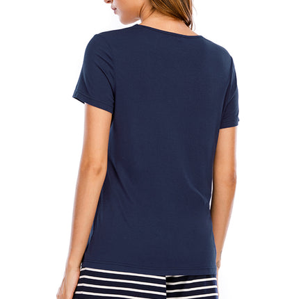 Graphic Round Neck Top and Striped Shorts Lounge Set