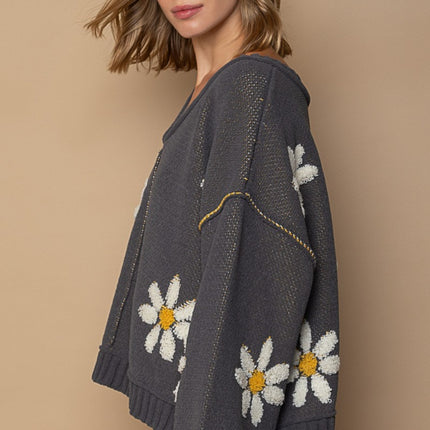 POL V-Neck Floral Pattern Chenille Sweater