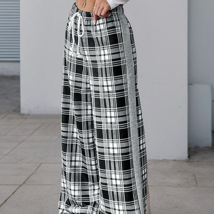 Perfee Drawstring Plaid Wide Leg Pants