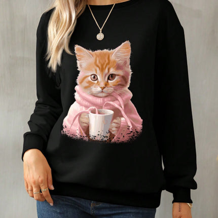 Cat Round Neck Long Sleeve Sweatshirt