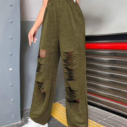 Distressed Elastic Waist Straight Leg Pants