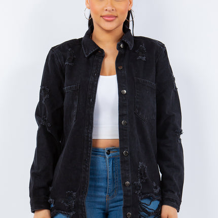 American Bazi Distressed Button Up Long Sleeve Denim Jacket