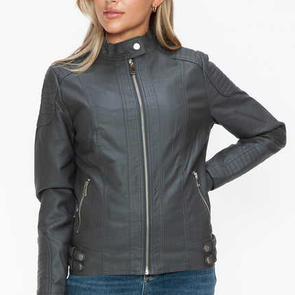 Snobbish Faux Leather Biker Jacket with Side Zip Pockets