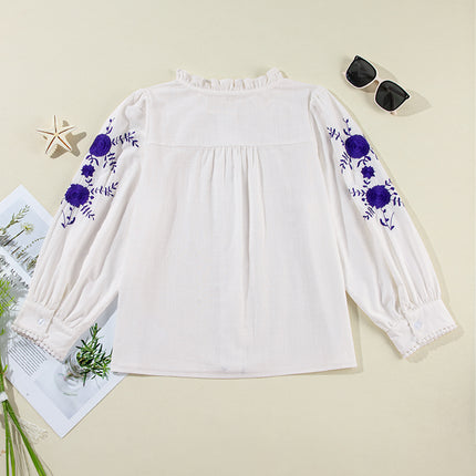 Embroidered Round Neck Long Sleeve Blouse