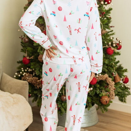 Christmas Printed Collared Neck Top and Pants Lounge Set