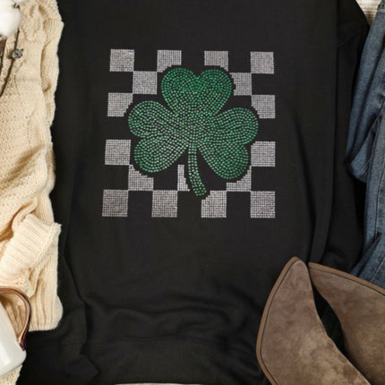 Rhinestone Checkered Lucky Clover Round Neck Sweatshirt