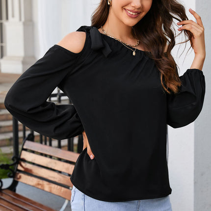 Double Take Tied Asymmetrical Neck Cold-Shoulder Blouse