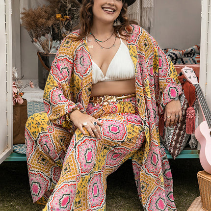 Plus Size Printed Open Front Cover Up and Pants Set