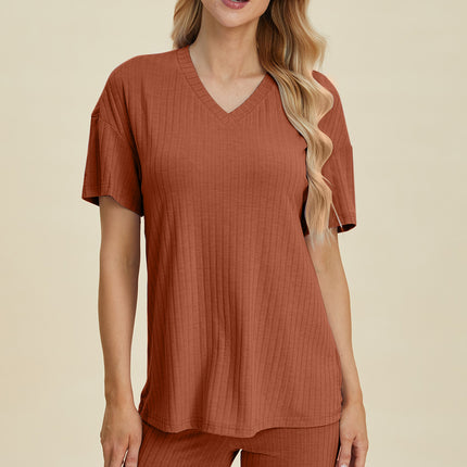 Basic Bae Full Size Ribbed V-Neck Short Sleeve Top and Shorts Set