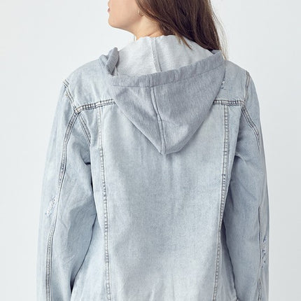 RISEN Full Size Distressed Drawstring Hooded Denim Jacket