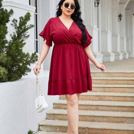 Plus Size Ruched Surplice Flounce Sleeve Mini Dress