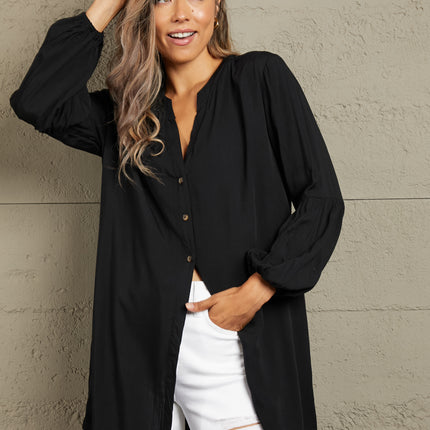 Double Take Notched Neck Balloon Sleeve Shirt