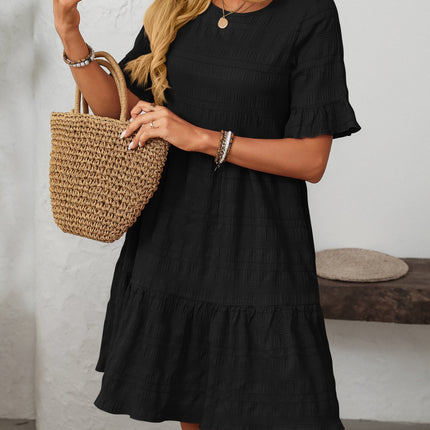 Mandy Ruffled Ruched Round Neck Half Sleeve Dress